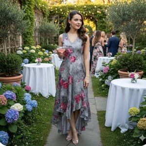 KOMAROV Floral Gray and Pink Women's Dress